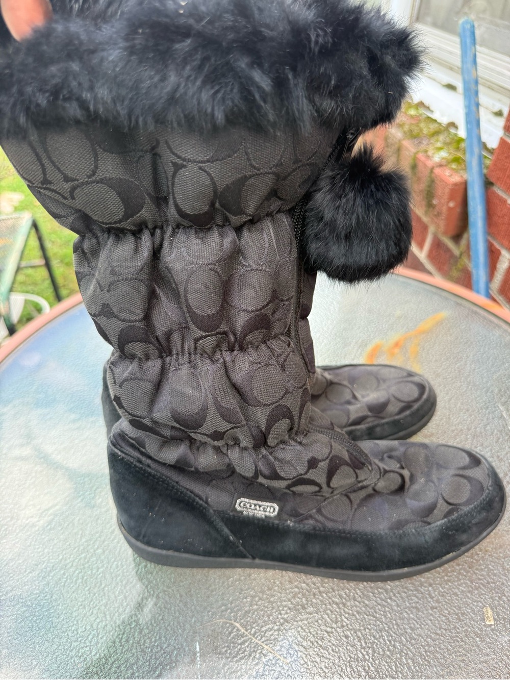 Coach Black Quilted Logo Winter Boots with Fur Pom Trim